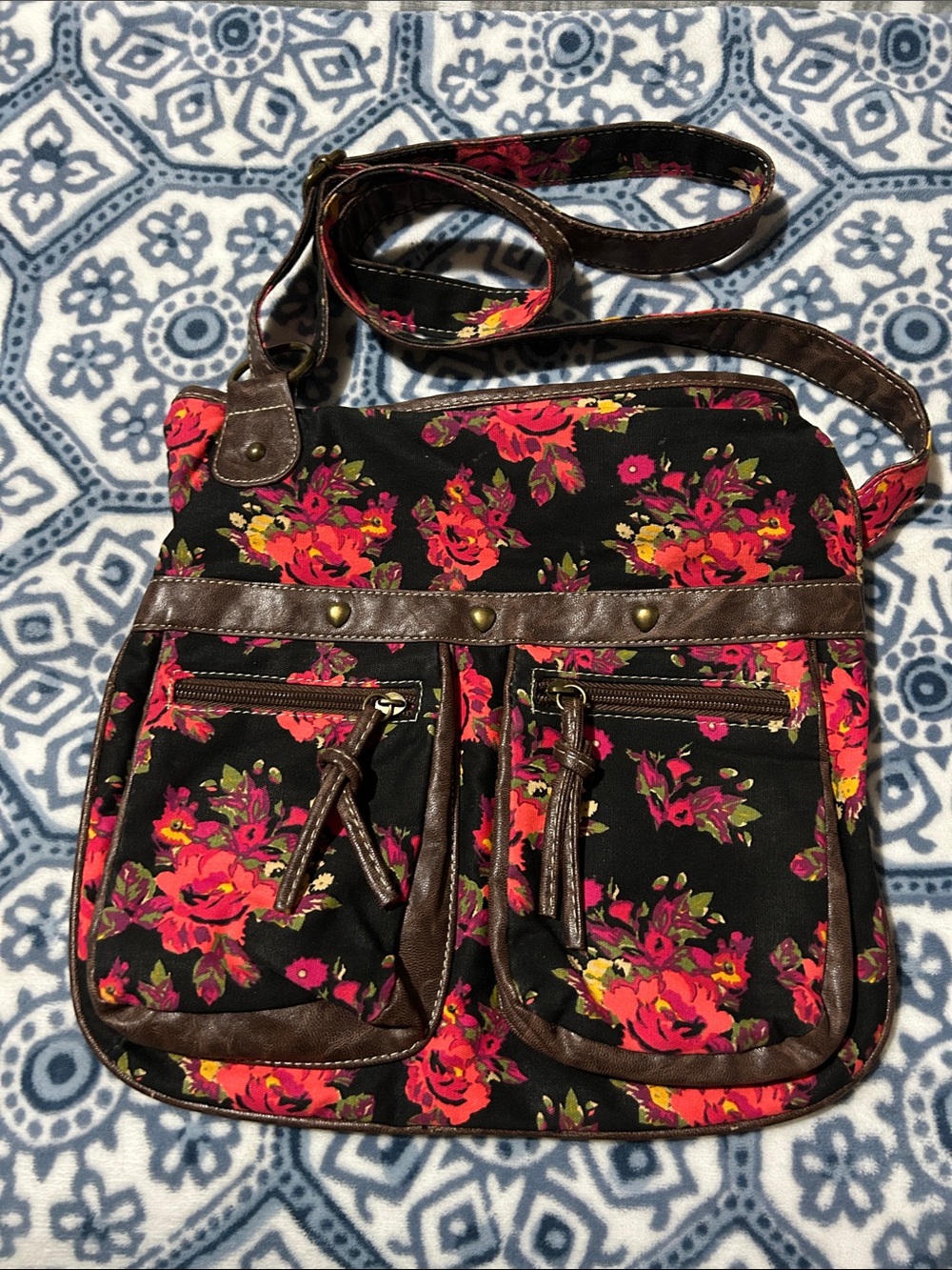 Floral Crossbody Bag with Brown leather Trim - Black & Pink Floral